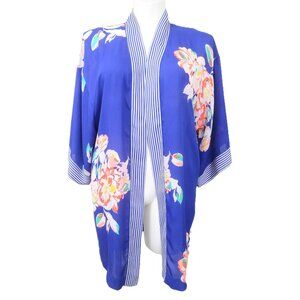 New Day Colorful Floral Royal Blue Open Kimono Beach Coverup Swimsuit OS